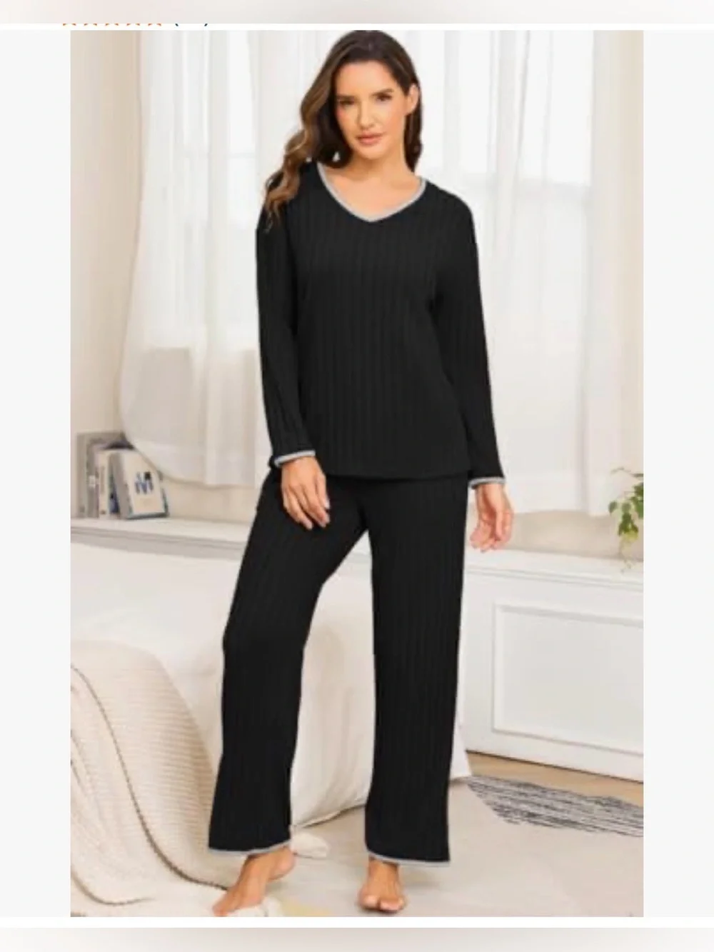 A172 PrinStory Womens XL Black Long Sleeve V Neck Ribbed Pajama Set NWT